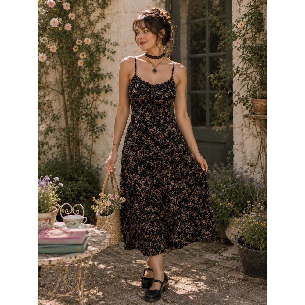 Whimsigoth Grunge Romantic Goth Cottagecore Dark Floral Slip Dress Large Dainty